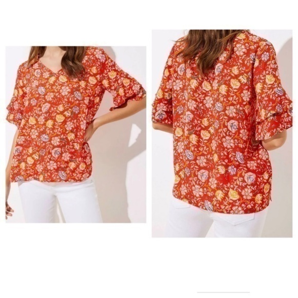 NWT Loft Red Floral Print V-neck Tiered Short Sleeve Top AB30